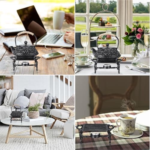 Sumnacon Tea Warmer Cast Iron Tea Pot Warmer with Tealight Candle Holder Sturdy Functional Teapot Warmer Stand for Office Party or Desk RetroTea Pot Heater for Heating Milk,Tea,Coffee,Food 7