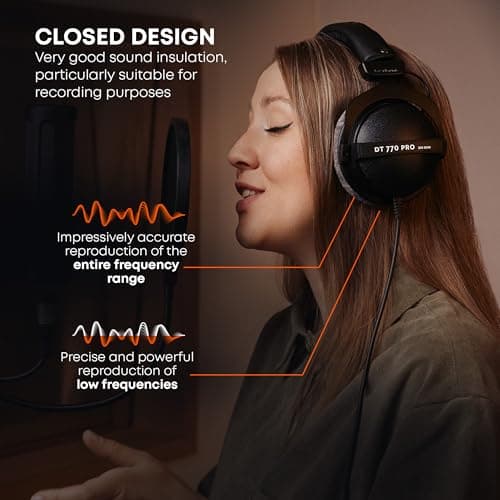 beyerdynamic DT 770 PRO, 250 Ohm, Closed Back, Over Ear, Wired Professional Studio Headphones, Audio Monitors, 3 m Coiled Cable, Black with Grey Velour Ear Pads 5