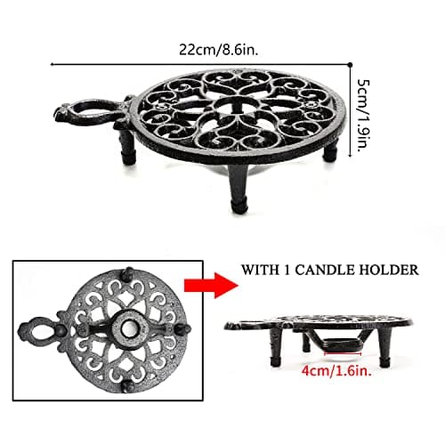 Sungmor Cast Iron Teapot Warmer Dish Cups Heater Pot Trivet - Rustic & Graceful Pattern Design with Tealight Holder - Heavy Duty & Decorative Candle Holder Stands for Heat Food Coffee Milk or Tea 7
