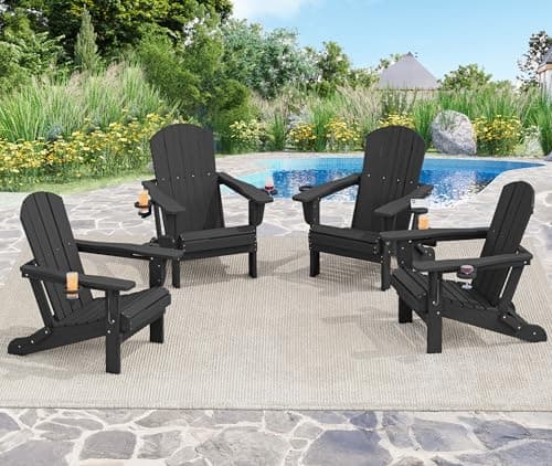 SERWALL HDPE Folding Adirondack Chair with Dual Cup Holder - Composite Adirondack Chair Set of 4- Black