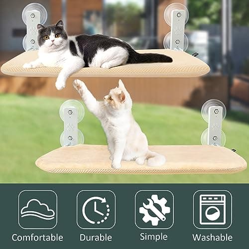 Sunhoo Cat Window Hammock Perch Cordless Perches Window Sill Seat Bed Foldable Stable Lounger Upgraded Suction Cup Easy Assembly Indoor Cats Kitty Shelf Hold Up to 55lbs (Beige, M) 5