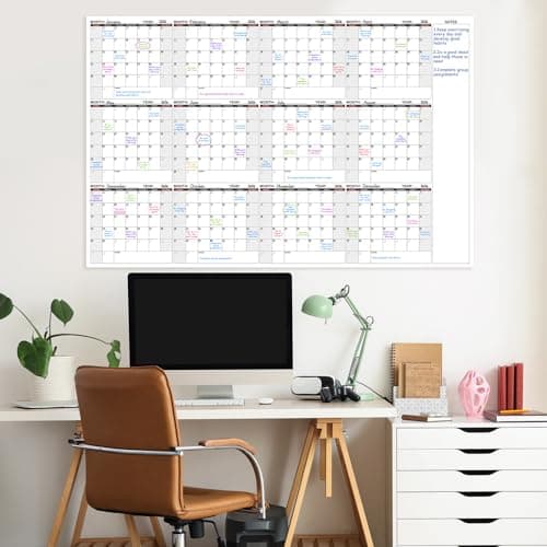 Large Dry Erase Calendar for Wall – Yearly Wall Calendar Dry Erase, 37" x 57.9", 12-Month Undated Erasable & Reusable Laminated Wall Calendar, 15 Round Stickers, Perfect for Home, Office and School - Black With Red 8