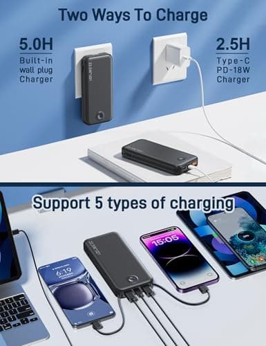 Nusyddy Portable Charger, 12000mAh 22.5W Fast Charging Power Bank with Built-in Cables & Wall Plug, Travel Essentials External Battery Pack, USB C Battery Phone Charger for iPhone, iPad, Samsung Black 6