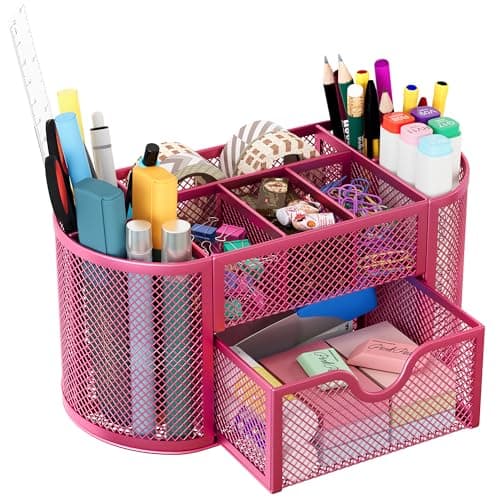 EasyPAG Mesh Pen Holder Desk Organizer with Drawer Stationery Supplies Organizer for Dorm School 9 Compartments Workspace Desk Accessories Organization for Office, Hot Pink