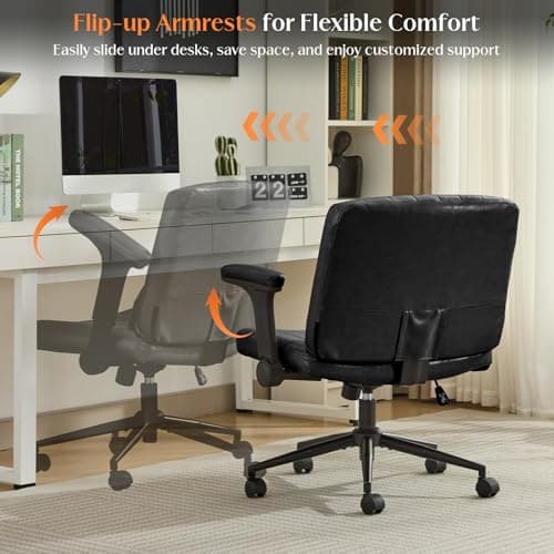 SAMERY Criss Cross Chair with Adjustable Flip-Up Arms, Wide Cross Legged Office with Wheels, Desk Vanity Chair Height Adjustable Swivel for Home Office Vanity Computer Task (Black, with Armrests) 8