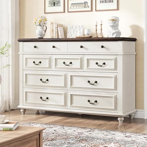 Jocoevol 9 Drawer Dresser for Bedroom, 54" Wide Bedroom Dressers with Drawers, Dresser Farmhouse with Natural Texture, Vintage Design Wide Dressers for Living Room, Entryway, White 7