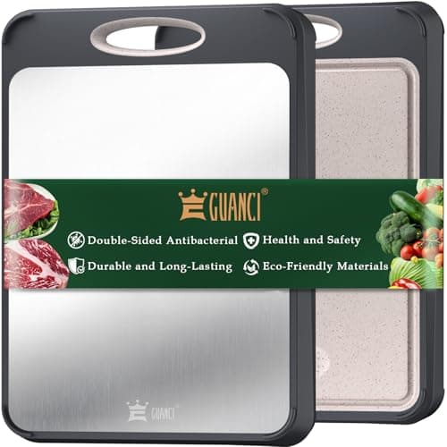 GUANCI Cutting Board for Kitchen, Stainless Steel Cutting Board Double Sided for Chopping Meat/Vegetables, Stainless Steel/Wheat Straw PP, Kitchen Gifts Easy to Clean Large 16”×11”