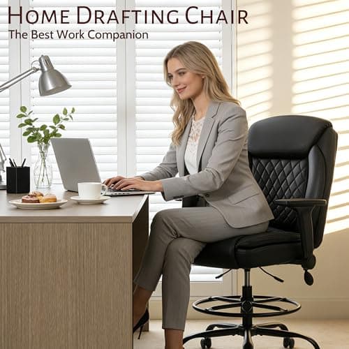 Drafting Chair,Executive Tall Office Chair Flip-up Armrests for Counter Height Desk Drawing Use,High Task Chair with Adjustable Foot Ring & Inflatable Lumbar Support, Swivel Computer Stool,PU Black 9