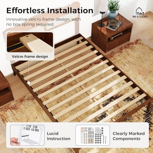 MFSTUDIO Queen Wood Bed Frame with Headboard, Rattan Bed Frames Solid Wooden Platform Bedframe Mid Century,No Box Spring Needed,Sturdy Natural Finish Classic Noise Free 8