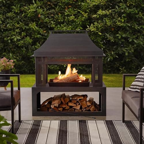Four Seasons Courtyard Durable Steel Rectangular Freestanding Wood Burning Fireplace with Log Rack and Tool for Outdoor Use, Black/Gold 5