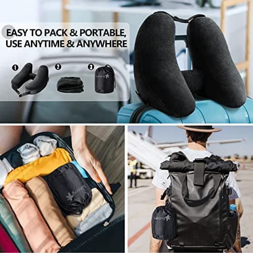 Sunany Neck Pillow for Travel Inflatable Airplane Pillow Comfortably Supports Head, Neck and Chin, Inflatable Travel Pillow with Soft Velour Cover and Portable Drawstring Bag (Black) 5
