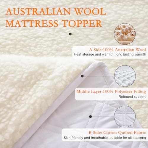 Wool Mattress Topper Queen Size, Extra Soft Plush Wool Fleece Cover and Cotton Cover, Bed Mattress Pad Cover(Beige,60" x 80") 3