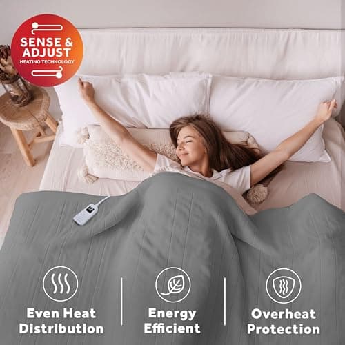 Sunbeam Electric Royal Luxe Microplush Heated Blanket, 12 Heat Settings, 12-Hour Selectable Auto Shut-Off, Fast Heating, Warm and Cozy, Dove Grey Color, Full, 84" x 72" 5