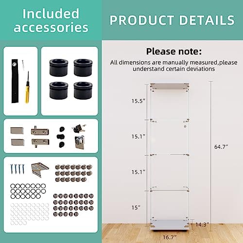 FLYMUHJIA Curio Cabinet Glass Display Case for Collectibles with 4-Shelf Display Shelves, 64.2'Hx16.9''Lx14.6''W White 5
