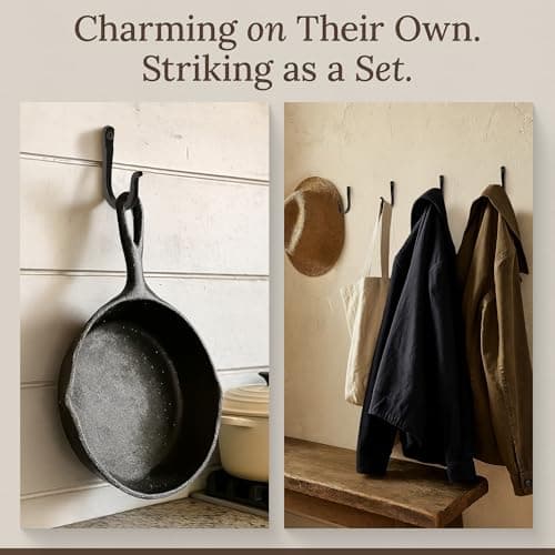 Railroad Spike Cast Iron Hooks (10 Pack) Handmade Blacksmith, Wall Mounted Farmhouse Decorative Hooks, PowderCoated for Interior or Exterior Use, Rust Proof for Hanging Coats, Bags or Pots (Black) 7