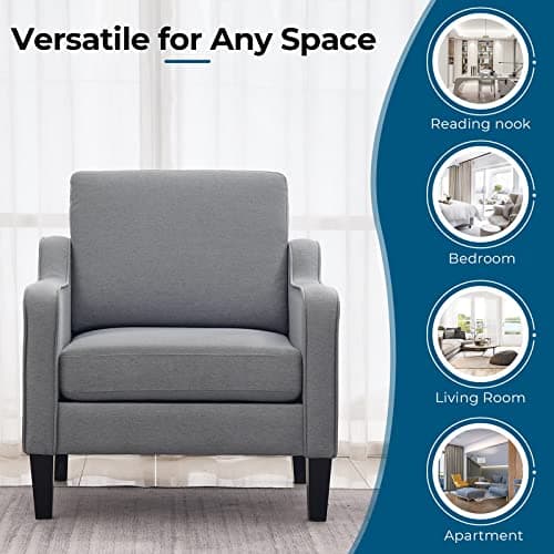 VINGLI Mid Century Modern Accent Chair, Light Grey Fabric Accent Chairs for Living Room Upholstered Armchair with Scooped Arms for Bedroom, Apartment, Studio, Office, Waiting Room 5