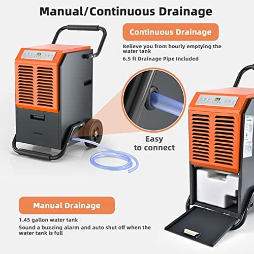 COSTWAY 163 Pints Commercial Dehumidifier, 4500 Sq.Ft Crawl Space Dehumidifier with Drain Hose, 24H Timer, for Basement, Warehouse, Job Site (Orange) 5