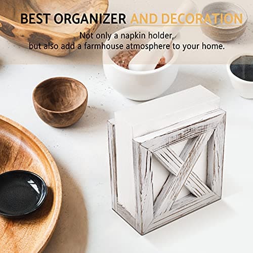 PUERSI Farmhouse Wooden Napkin Holder for Tables, Rustic Kitchen Decor for Counter, Ideal Napkin Dispenser for Dining Counter tops (White) 7