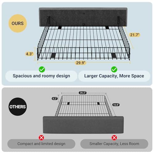 Allewie Upholstered Queen Size Platform Bed Frame with 4 Storage Drawers and Headboard, Square Stitched Button Tufted, Mattress Foundation with Wooden Slats Support, No Box Spring Needed, Light Grey 7