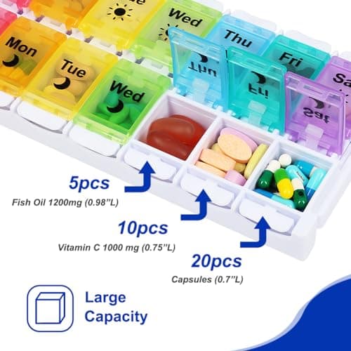 HRX Package Medicine Pill Boxes 7 Day AM/PM, Easy Fill & Open Medication Organizer Vitamin Reminder Holder Day and Night 5