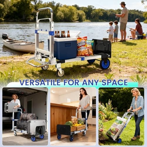 Upgraded 3 in 1 Aluminum Folding Hand Truck, 600 lbs Convertible Heavy Duty Dolly Cart, Collapsible Hand Trucks with 4 Rubber Wheels and Retractable Handle for Home, Warehouse, Supermarket(Blue) 8