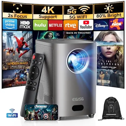 [One-Button Focus] Projector with WiFi and Bluetooth, 4K Outdoor Projector with Carry Bag, Portable Movie Projector with Zoom Function, Home Theater Projector for Phone/TV Stick/PC