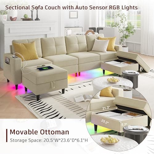 FOMNEY Sectional Couche for Living Room, Modular U Shaped Sofa Couchs with RGB Lights and Charging Ports, 6 Seat Convertible Sectional Sofa with Storage Ottoman (Beige) 8