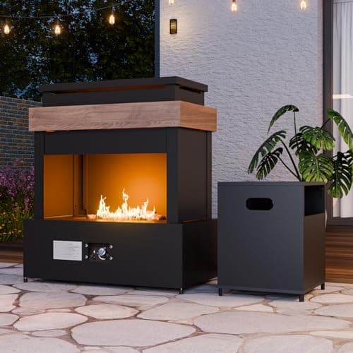INTER HUT 35’’ Smokeless Outdoor Propane Fireplace with Tank Storage, CSA Certified 50,000 BTU Patio Fire Pit with Cover for Garden, Backyard, Patio, Black/Beige