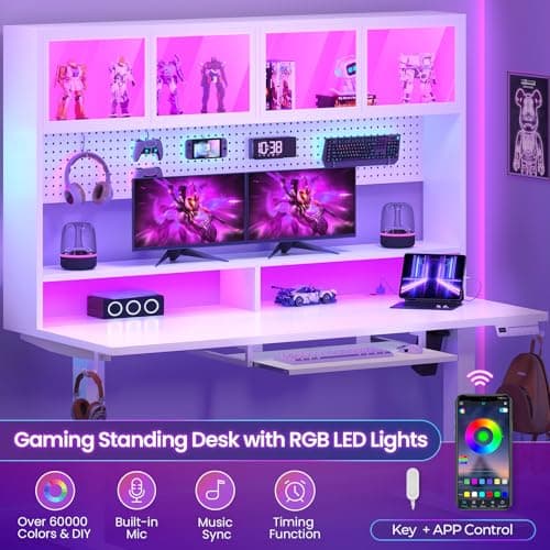 SEDETA Electric Standing Desk with Storage, Height Adjustable Gaming Desk with Hutch and Pegboard, Sit Stand Up Desk with Led Lights, Power Outlet, Monitor Shelf, Keyboard Tray for Home Office, White 8