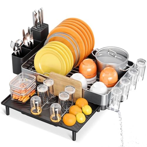 Urackify Dish Rack for Kitchen Counter, 304 Stainless Steel Dish Drying Rack, Expandable Dish Drainer, Foldable Dish Strainer with Cutlery Holder, Kitchen Plate Rack (Black, Large Size) 8