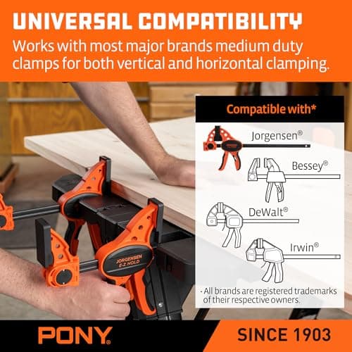 Pony Portable Folding Work Table, 2-in-1 as Sawhorse & Workbench, 31” W×25” D×25”-35”H, Large Load Capacity with 4pcs Clamps, 4pcs Bench Dogs 6