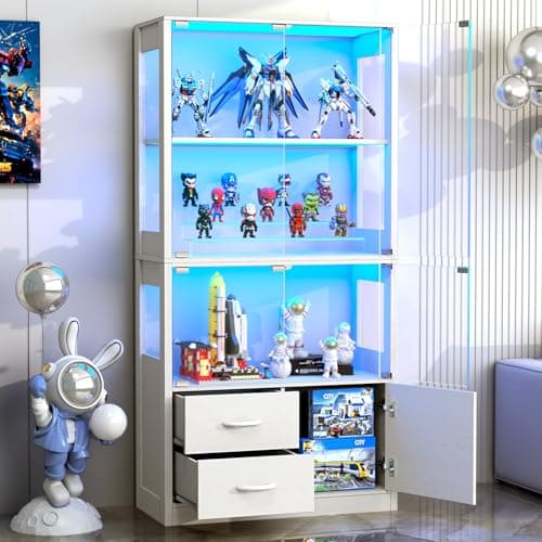 Eclathome Display Cabinet with Glass Doors, 4-Tier Display Case with 3-Color Lights & Human Body Sensor, Storage Cabinets with 3 Shelves & 2 Drawers for Collectibles/Living/Dining/Game Room, White