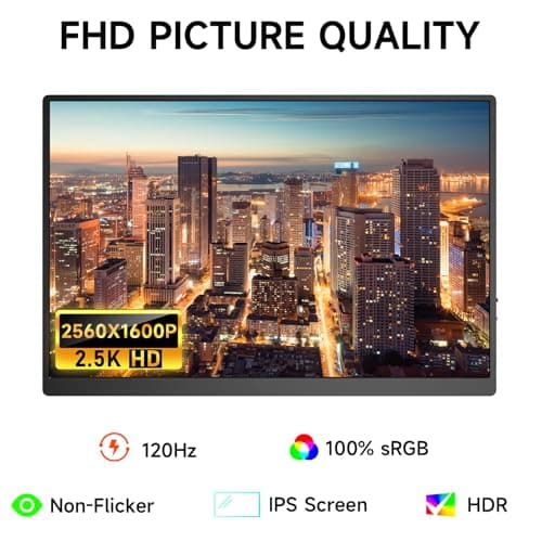 AYY 16" 2.5K 120Hz Portable Monitor, 2560x1600 HDR IPS Display, QHD 100% sRGB, USB-C & HDMI, Eye Care External Second Screen, for Laptop/PC/Phone/PS4/5/Xbox/Switch 3