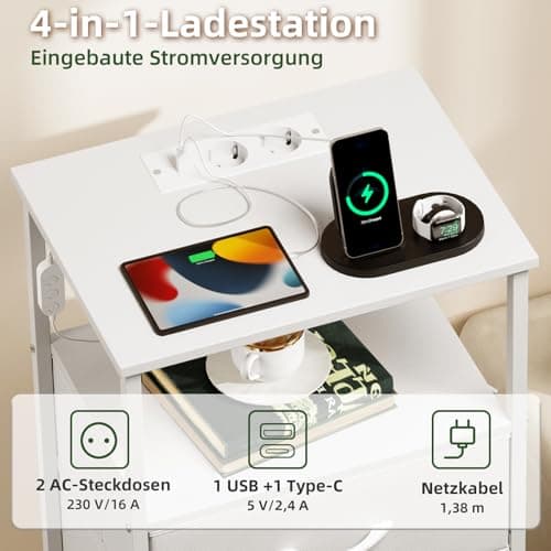 Somdot White Nightstand with Charging Station and LED Light for Bedroom, 2 Drawers Dresser with Fabric Bins for Bedside Kids Dorm Room Closet Laundry Entryway, White Leather 5