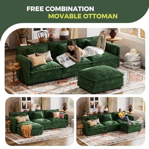 ELUCHANG 113" Modular Sectional Sofa, Comfy Cloud Couch, L Shaped Deep Seat Sofa Couches for Living Room, 4-Seater Modern Sofa with Movable Ottoman, DIY Combination - Chenille Green 9