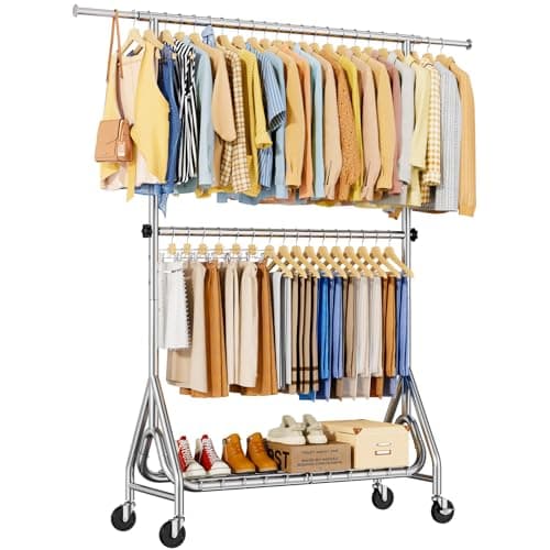 JIEJIERUI Heavy Duty Clothes Rack for Hanging Clothes, Double Rods Clothing Rack with Lockable Wheels, Rolling Garment Racks with Shelf, Easy to Assemble, Silver