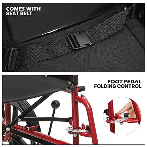 monicare Folding Transport Wheelchair for Adults, Heavy-Duty Wheel Chair with Padded Armrest and Swing-Away Footrest, 18 Inch Wide Seat Transport Chair for Seniors, 300Lbs Capacity, Red 13