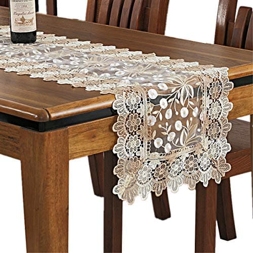 Lace Floral Embroidery Table Runner, Polyester Rectangle Transparent Dresser Scarf for Home Dining Room Tabletop Decoration, 16 x 35 Inches, Beige