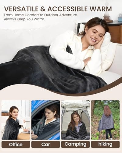 Cordless Heated Blanket with Hood, USB Battery Powered Heated Wearable Blanket with 9 Heating Zones, 20000 mAh Power Bank, 3 Levels, Portable Heated Throw Blanket, Heated Shawl (Warm Charcoal Gray) 6