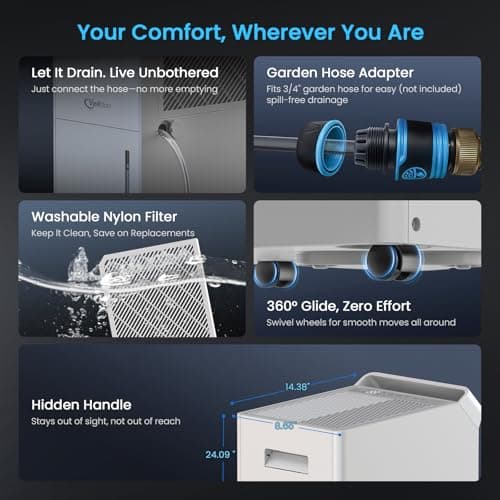 4,500 Sq.Ft Most Efficient Energy Star 2025 Dehumidifier,Vellgoo Max 70 Pint/D (Standard 56 Pint/D) Dehumidifier for Basement with Drain Hose, Smart Humidity Control, for Home, Bathroom, Garage 7