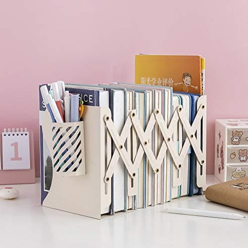 JIARI Adjustable Metal Bookends with Expandable Design, Blue, Heavy-Duty Book Organizers for Shelves, 1pcs Pen Holder (Blue) 7