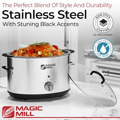 Magic Mill Slow Cooker 10 Quart | Extra Large Non-Stick Metal Searing Pot & Transparent Tempered Glass Lid Multipurpose Lightweight Slow Cookers, Pot is Safe to Put the On the Flame, Dishwasher Safe 6