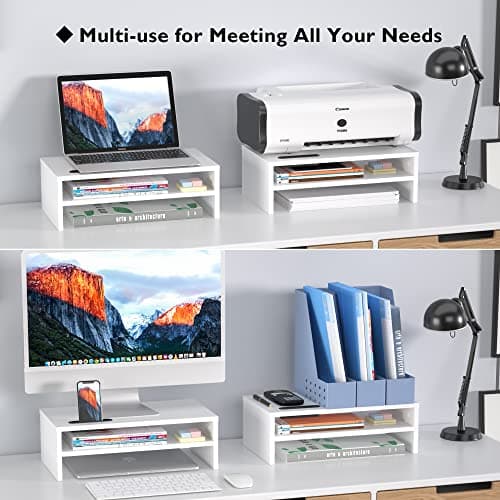 BONTEC Wooden Monitor Stand Riser, 2-Tier Desk Shelf with Storage Organizer, Ergonomic Computer Stand with Cable Management, Cellphone Holder, White, 16.5 Inch 6