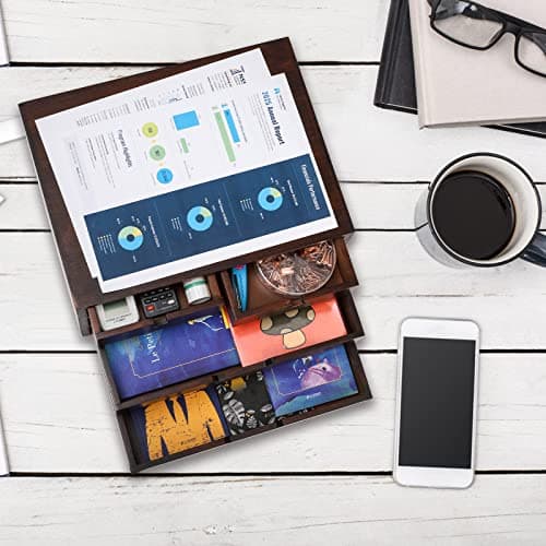 DEAYOU Bamboo Desk Organizer, 100% Natural Bamboo Desktop Drawer Organizer, Dark Brown Tabletop Storage Cabinet Organization Box with 4 Drawer for Makeup, Letter, Home, 3 Layer, Fully Assemble 8