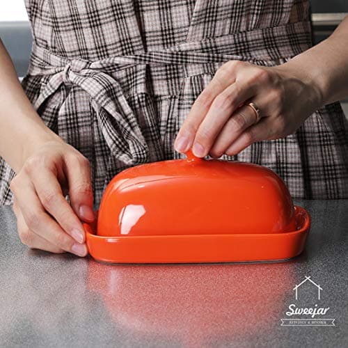 Sweejar Ceramic Butter Dish with Lid for Countertop,Porcelain Butter Keeper with Knob Handle,Butter Container for East/West Coast Butter, 7 inches (Orange) 7