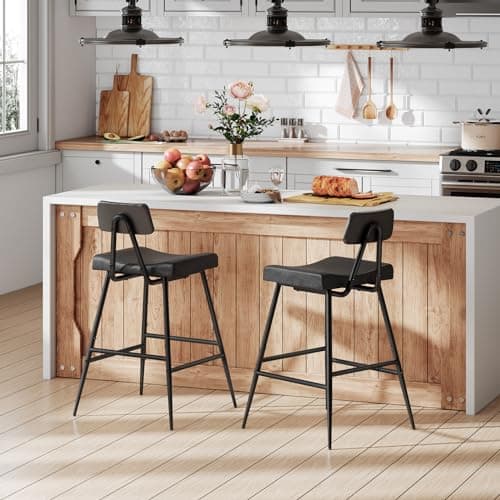 HOOBRO Bar Stools, Set of 2 Bar Stools, PU Upholstered Height Bar Chairs, Kitchen Stools with Footrest, Rectangular Counter Height Bar Chairs with Backrest, for Dining Room, Bar, Cafe, Black BB48BY01