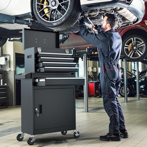 CMFYDAILY 5-Drawers Black Tool Chest, 2-in-1 Mechanic Rolling Tool Box Removable Lockable Tool Storage Cabinet, Metal Tool Cart with Drawers and Wheels for Garage, Workshop 7