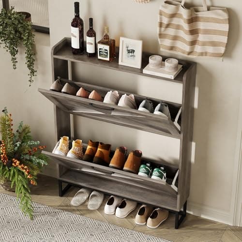 Maupvit Narrow Shoe Cabinet with 2 Flip Drawers，Shoe Storage Cabinet for Entryway, Hidden Shoe Storage Slim Storage Cabinet with Metal Legs, Farmhouse Free Standing Shoe Rack Cabinet 6