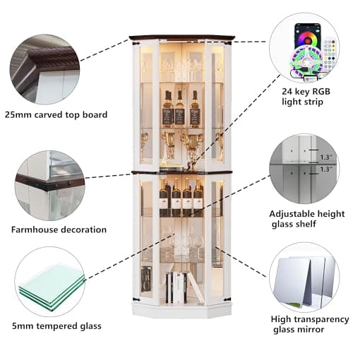 PAKASEPT 71'' Farmhouse Display Curio Cabinet with LED Lights,Tempered Glass Doors,6 Shelves,Floor Standing Display Cage Corner Wine Cabinet Storage Rack for Bar and Liquor Storage,White 5