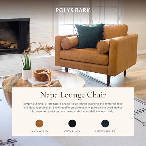 POLY & BARK Napa Lounge Chair – 42” – Cognac Tan – Italian-Tanned Full-Grain Pure-Aniline Leather, Feather-Down Cushions, Solid Wood Frame 3
